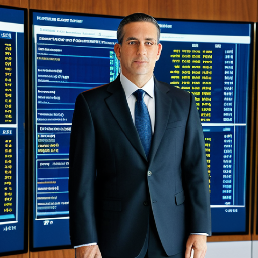 ** A central banker in a professional suit, standing in front of a complex financial data display, fully clothed, appropriate attire, safe for work, perfect anatomy, natural proportions, professional setting, high quality. Professional, modest, family-friendly.

**