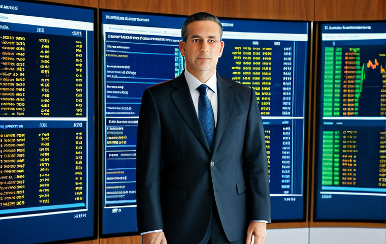 ** A central banker in a professional suit, standing in front of a complex financial data display, fully clothed, appropriate attire, safe for work, perfect anatomy, natural proportions, professional setting, high quality. Professional, modest, family-friendly.

**