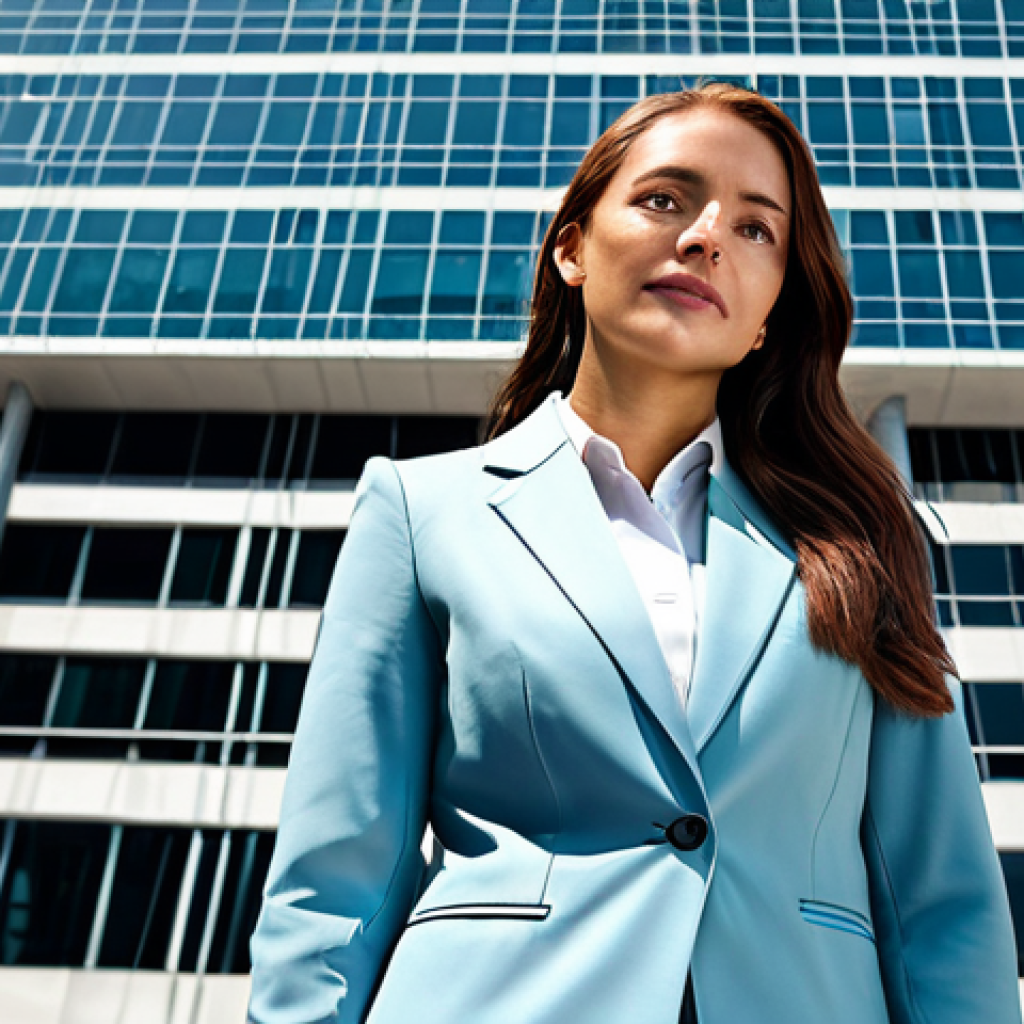 **

A professional businesswoman, fully clothed in a modest business suit, standing confidently in front of a modern skyscraper during the daytime. Appropriate attire, safe for work, perfect anatomy, natural proportions, professional photography, high quality. Family-friendly.

**