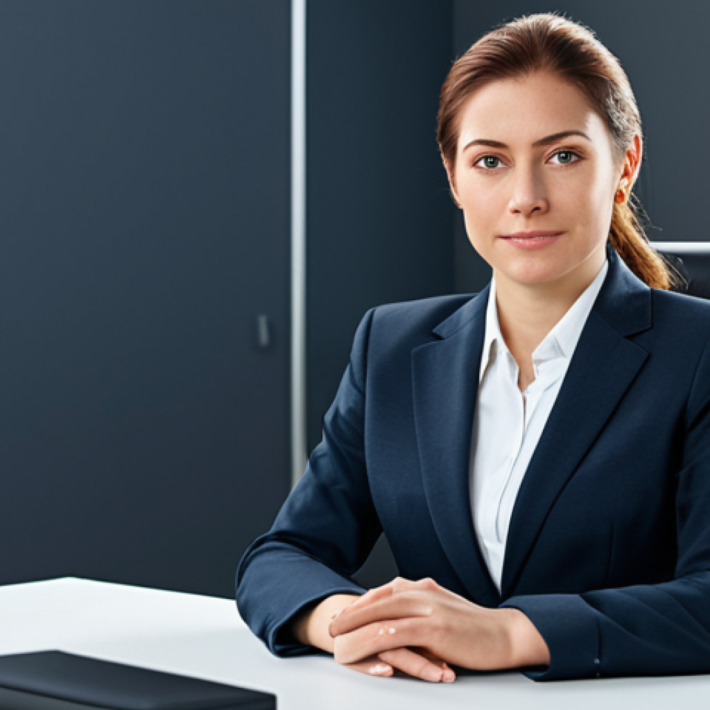 A professional businesswoman in a modest business suit, sitting at a desk in a modern office, fully clothed, appropriate attire, safe for work, perfect anatomy, natural proportions, professional photography, high quality.