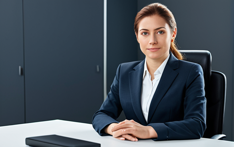 A professional businesswoman in a modest business suit, sitting at a desk in a modern office, fully clothed, appropriate attire, safe for work, perfect anatomy, natural proportions, professional photography, high quality.
