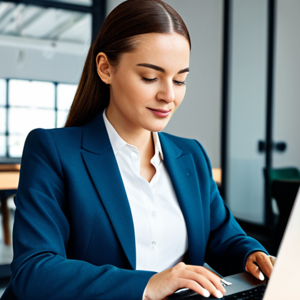 외환관리사와 외국환거래법 - **Prompt:** "A confident female entrepreneur in a stylish, modest business suit, working on a laptop...
