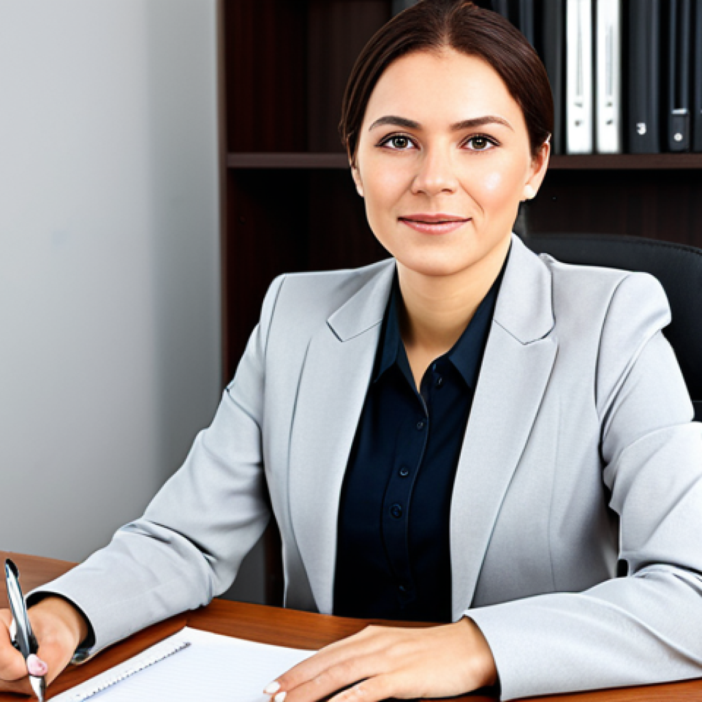 외환관리사 이직 전략 - **A professional businesswoman in a modest business suit, sitting at a desk in a modern office, full...