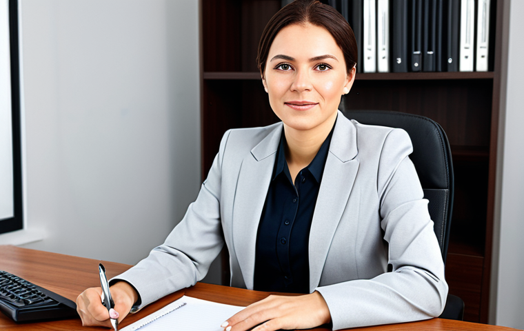 외환관리사 이직 전략 - **A professional businesswoman in a modest business suit, sitting at a desk in a modern office, full...