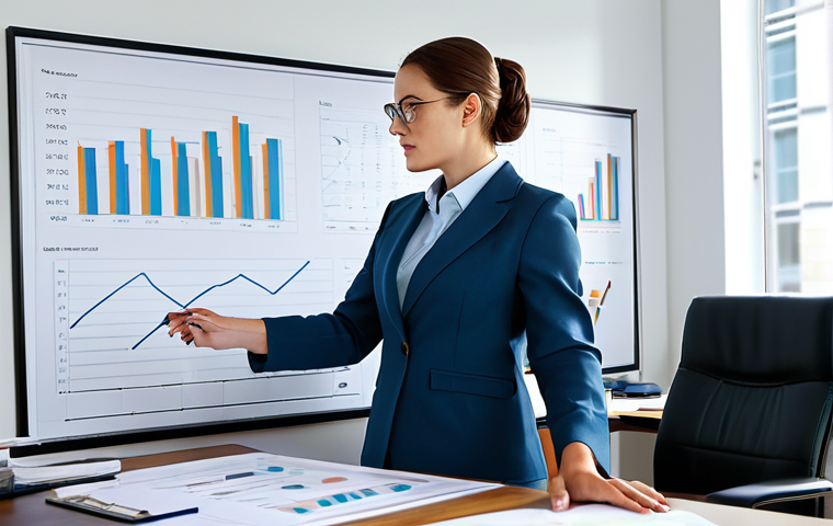 외환관리사 이직 전략 - **A professional businesswoman in a modest business suit, sitting at a desk in a modern office, full...