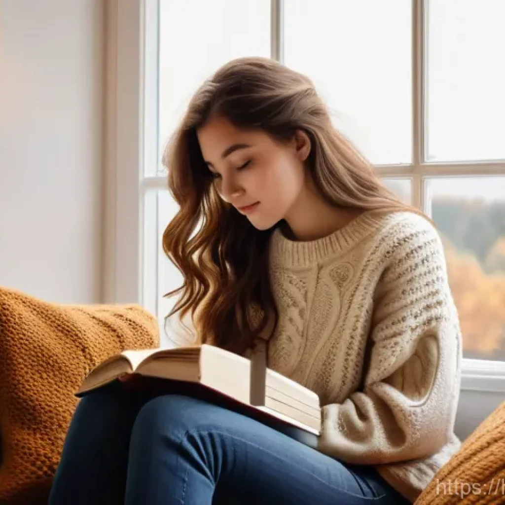 외환관리사 관련 학습 자료 추천 - A young woman, approximately 20 years old, with long, wavy brown hair, is sitting on a cozy window s...