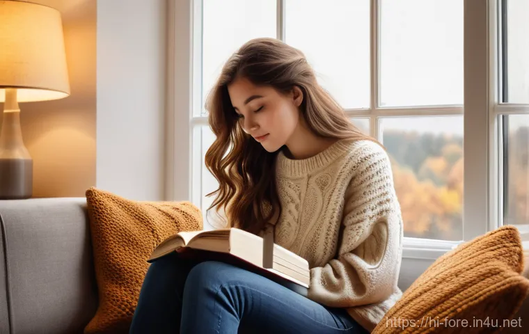 외환관리사 관련 학습 자료 추천 - A young woman, approximately 20 years old, with long, wavy brown hair, is sitting on a cozy window s...