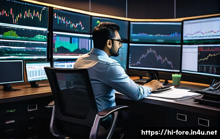 외환관리사와 데이터 분석 역량 - A detailed, modern trading office scene focused on a professional Indian trader analyzing complex fo...