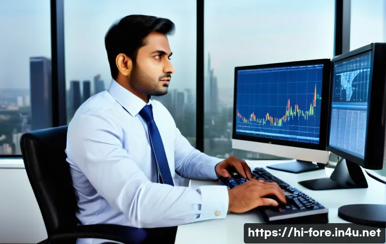 외환관리사와 글로벌 기업 취업 전략 - A professional Indian man in formal business attire analyzing global financial data on multiple comp...