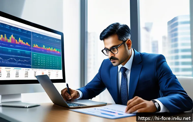 외환관리사와 외환 거래 세금 처리 - A professional Indian businessman analyzing foreign exchange investment charts on multiple digital s...