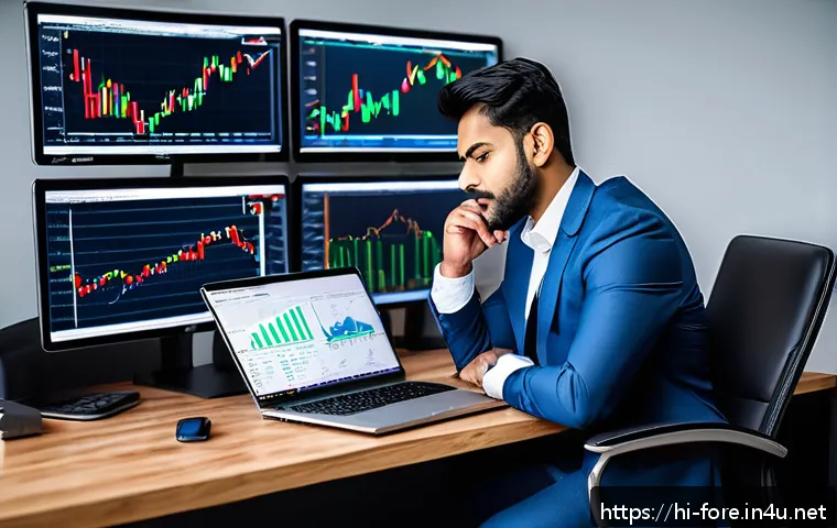외환관리사와 외환 시장 분석 방법 - A sophisticated office setting with a professional Indian trader analyzing multiple digital screens ...