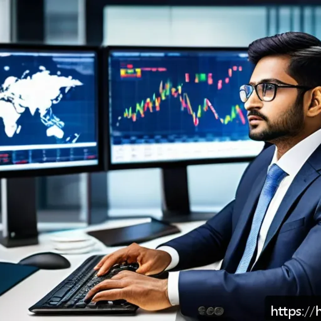 외환관리사 자격증 가치 분석 - A professional Indian man in formal business attire, sitting at a modern office desk with multiple c...