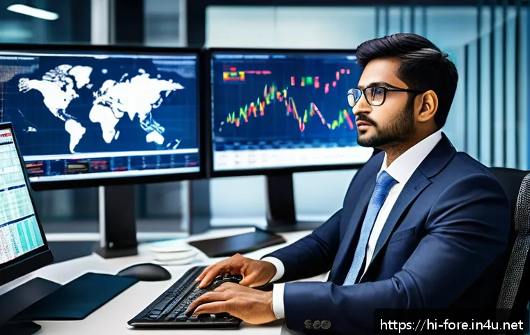 외환관리사 자격증 가치 분석 - A professional Indian man in formal business attire, sitting at a modern office desk with multiple c...