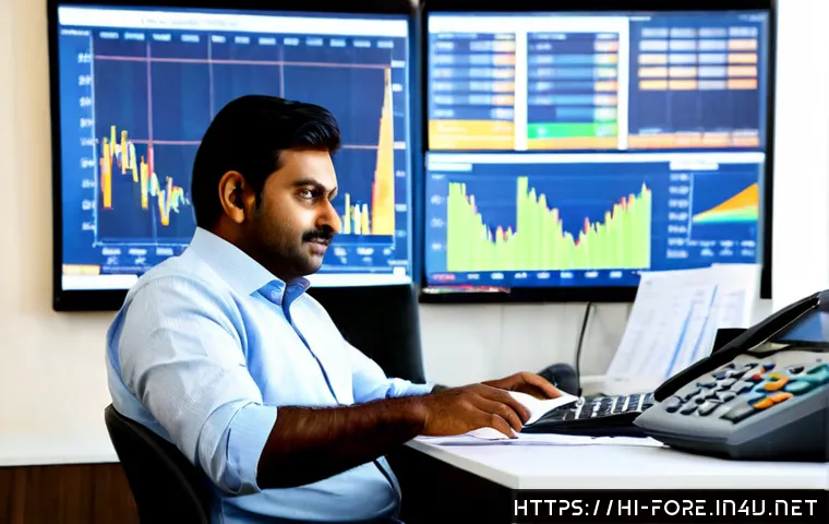 Home 17 외환관리사와 업무 환경 변화 - Photorealistic modern Indian foreign exchange manager working at a clean financial office desk, midd...